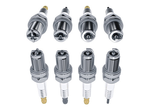 Spare parts spark plugs on white background for car and motorcycle. New auto parts spark plug. 3D rendering