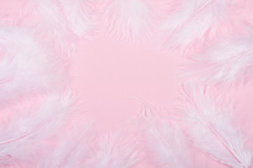 Fluffy white feathers forming a frame on a pastel pink background (as an abstract soft and gentle background), copy space in the center for your text