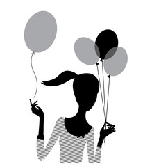 silhouette of a woman holding and letting go the balloons. Vector illustration