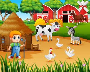 Obraz na płótnie Canvas Farmer and farm animal in the farmyard