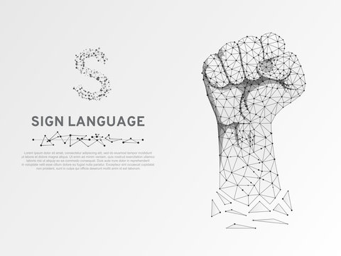 Origami Sign language S letter, raised up clenched fist gesture. Polygonal space low poly style. Deaf people silent communication. Connection wireframe. Vector on white background