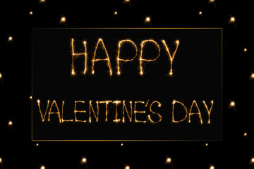 close up view of happy valentines day light lettering on black background, st valentines day concept
