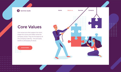 Young man and woman are working in a team, folding and coloring the puzzles. Core values and teamwork concept. Colorful vector illustration for web.