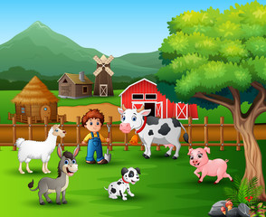 Obraz na płótnie Canvas Farm scenes with different animals and farmers in the farmyard