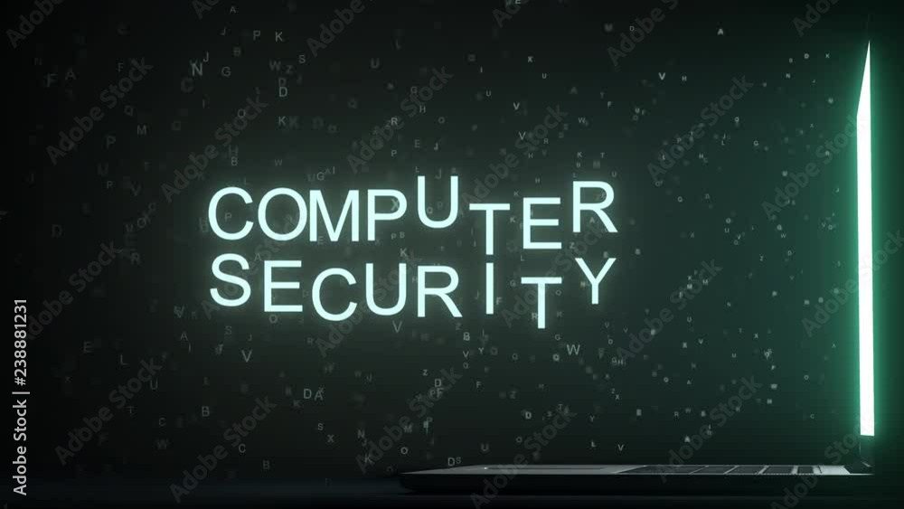 Aufkleber computer security text made with letters flying off laptop screen. 3d animation