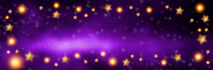 Purple sparkling background with stars. Purple and golden bokeh background with snowflakes. Empty winter background, snowy, celebratory