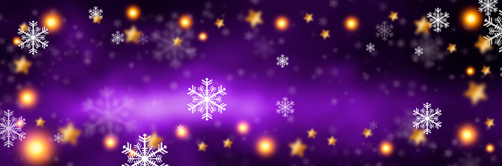 Purple sparkling background with stars. Purple and golden bokeh background with snowflakes. Empty winter background, snowy, celebratory