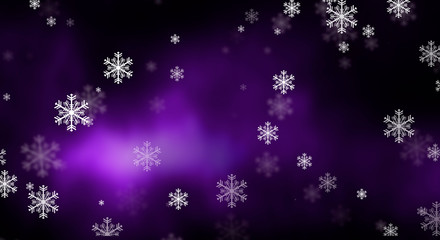 Purple sparkling background with stars. Purple and golden bokeh background with snowflakes. Empty winter background, snowy, celebratory