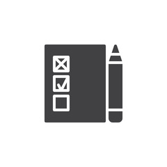 Survey list vector icon. filled flat sign for mobile concept and web design. Check list and pen simple solid icon. Symbol, logo illustration. Pixel perfect vector graphics