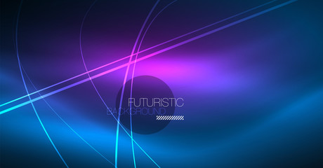 Neon glowing magic background, neon banner, night sky wallpaper. Magic light effect. Christmas abstract pattern.
