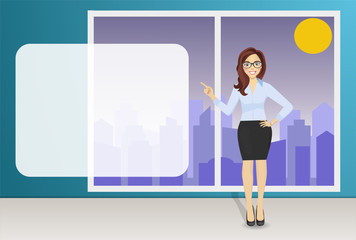Businesswoman in office with blank free space for your text. Infographic concept.