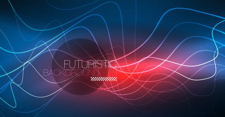 Glowing abstract wave on dark, shiny motion, Christmas and New Year magic space light. Techno abstract background