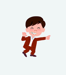 Businessman in casual style pointing to something funny on his left.