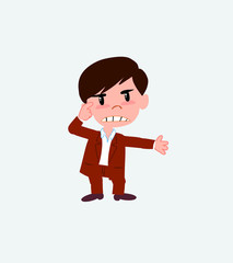 Businessman in casual style, is angry and points his head with his index finger.