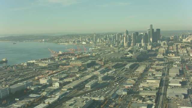 Aerial flight over Seattle City Washington USA