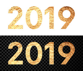 New Year 2019 sign with golden figures on white or transparent backdrop.