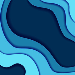 Colored paper waves, 3D background texture of layers of depth. Abstract background  in shades of blue. Origami shapes. Vector illustration.