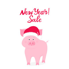 Pig in Santa Claus hat. New Year Sale bunner.