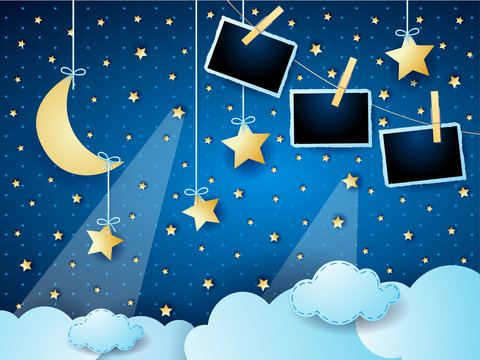 Surreal cloudscape by night with hanging moon, stars and photo frames