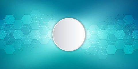 Geometric background texture with molecular structures and chemical compounds. Abstract background of hexagons pattern. Illustration for medical or scientific and technological modern design.
