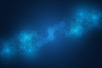 Fototapeta premium Molecular structures and hexagons elements. Abstract geometric background with molecules and communication. Hexagons pattern for medical or scientific and technological design.