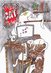 Illustration with cats. Cats sit on the table, on the table is worth computer and luminaire.