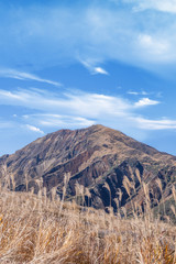 Aso mountain and dry brown grassland with miscanthusm in autumn, blue sky.