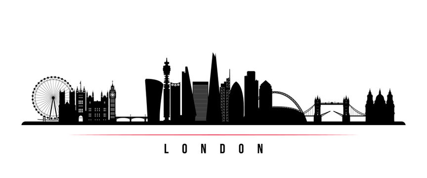 London city skyline horizontal banner. Black and white silhouette of London city. Vector template for your design.