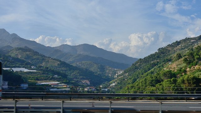 Road from Monaco to Sanremo. Valley with the village of Gorbio