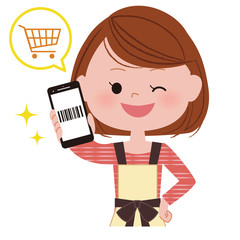 スマートフォンで買い物をする女性