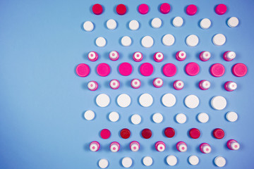 Many different types used or new battery, rechargeable accumulator, alkaline batteries on color background.