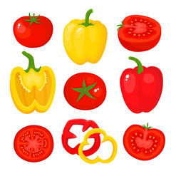 Bright vector illustration of colorful pepper, tomato isolated on white