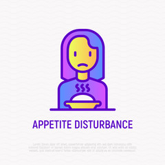 No appetite thin line icon: sad woman sitting in front of plate. Modern vector illustration of neurosis symptom, depression.