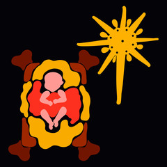 Silhouette of baby Jesus sleeping in manger and Christmas star on black background