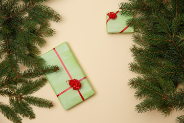 Fototapeta na wymiar Christmas tree and gifts on wooned background.
