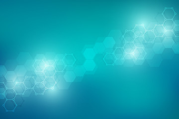 Molecular structures and hexagons elements. Abstract geometric background with molecules and communication. Hexagons pattern for medical or scientific and technological design.