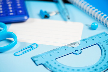 School and office supplies on office table. Male or boyish still life on the topic of school, study, office work.