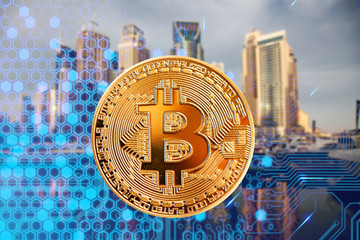 bitcoin agains skyscrapers - futuristic smart city - cryptocurrency concept