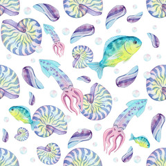 marine pattern painted fish, squid, seashells, 