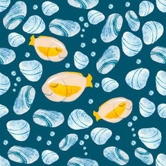 sea pattern of pebbles, stones, fish, crabs, boat, blue on white, blue background, hand-painted watercolor.