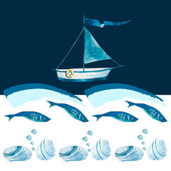 sea pattern of pebbles, stones, fish, crabs, boat, blue on white, blue background, hand-painted watercolor.