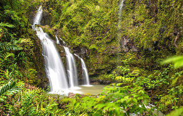 Three Bears Waterfalls / Waikani Falls on the Road to Hana in Maui, Hawaii