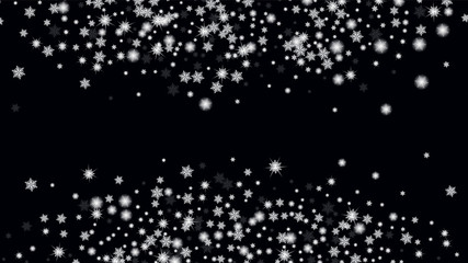 Winter snowflakes border trendy vector background. Holiday illustration for christmas card. Macro snowflakes flying border illustration. Black base.