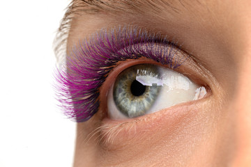 pink eyelashes, eye close-up. Eyelash extensions