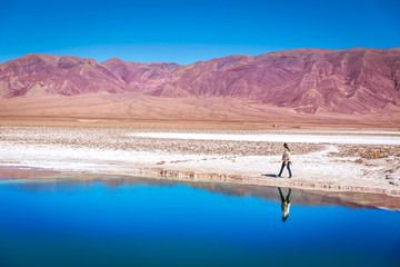 Young woman walking in the edge of a lagoon with water reflection and red mountains in the background at the Atacama Desert in the northern of Chile © LMspencer