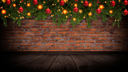 Christmas tree garland on the background of a dirty wall with festive illumination. Christmas balls on the garland, Neon lights, rays, bokeh, smoke - Powered by Adobe