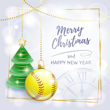 Merry Christmas. Happy New Year. Sports greeting card. Softball. Vector illustration.