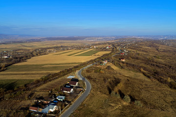 aerial drone view with road in mountains