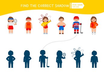 Educational  game for children. Find the right shadow. Kids activity with professions.