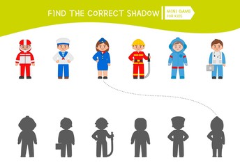 Educational  game for children. Find the right shadow. Kids activity with professions.